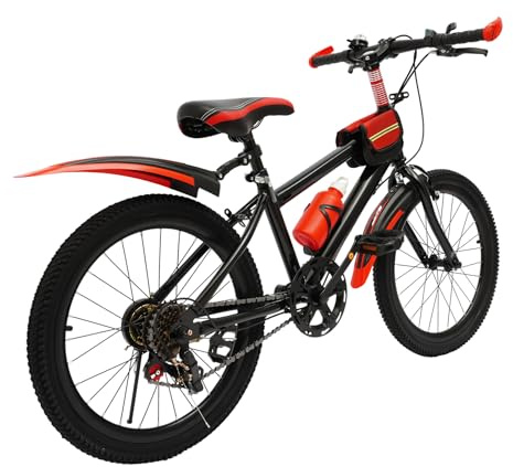 JDBDU 20 tums barncykel, mountainbike, 7-växlad växel och höjdjusterbar, robust kolstålhjul (75 kg), med drickflaska och väska, perfekt för pojkar och flickor från 8 år