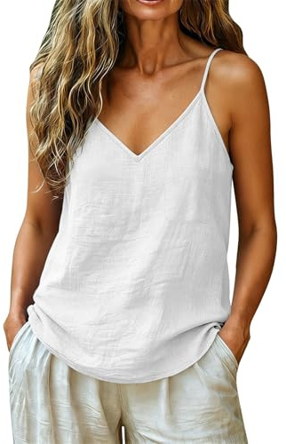 Camisetas sin Manga Mujer Lino Verano Casual Moda Color sólido Cuello V Camisola Chaleco Camisetas de Tirantes Ligero Tank Tops con Bolsillos Fiesta Playa Camisa Suelto tee Talla Grande