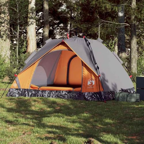 Kaloriko Kuppel-Campingzelt 3 Personen Grau und Orange mit Quick-Release-System, wasserdichtes und winddichtes Familienzelt, atmungsaktiv mit Moskitonetz