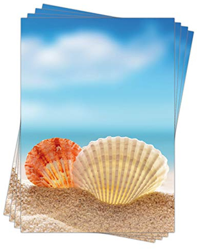 Motivpapier Briefpapier (Meer Strand-5185, DIN A4, 100 Blatt) schöner Sandstrand mit Jakobsmuscheln, Muscheln am Strand