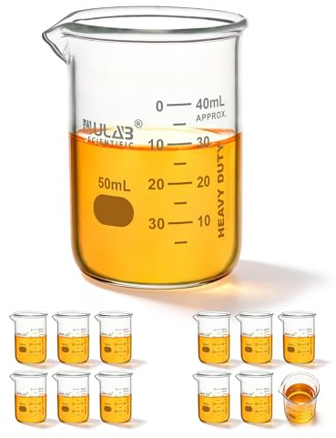 ULAB Scientific Glasbecher Schnapsglas, Vol. 50 ml, 3,3 Borosilikatgriffin, Niedrige Form mit Aufgedruckter Graduierung, 12er-Packung, UBG1013