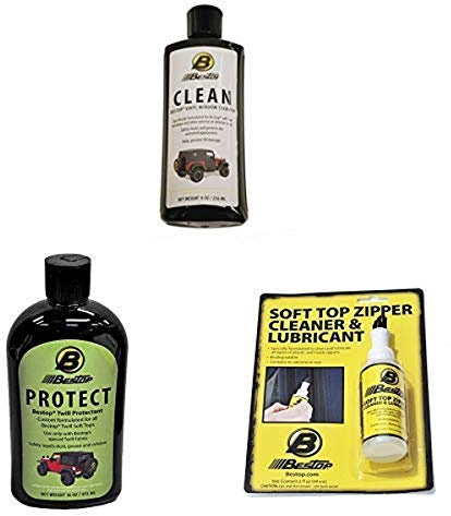 Bestop 11213-00 Vinyl Window Cleaner, 8 oz single bottle - boxed, Black Twill Fabric Cleaner with Zipper Cleaner and Lubricant, 2 oz single bottle - boxed