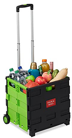 Relaxdays Einkaufstrolley klappbar, Teleskop-Griff, 2 Gummi Rollen, bis 35 kg, Shopping Trolley, Aluminium, ABS, grün