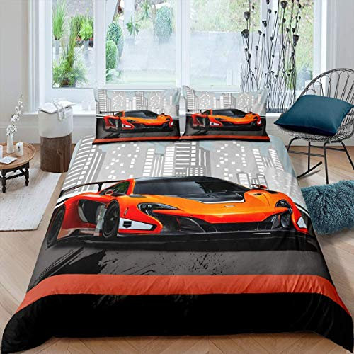 Set di biancheria da letto motivo auto da corsa arancione, 3 pezzi, in morbida microfibra con cerniera, con grafica di auto sportive, decorativo e alla moda, per letto matrimoniale