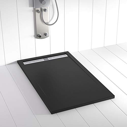 Plato de ducha resina FLOW desagüe lineal frontal color Negro 110x70 textura pizarra antideslizante rejilla inox con válvula