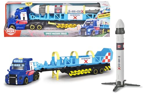 Dickie Toys – Space Mission Truck – Schwertransporter, großer LKW mit Anhänger und Ladung, mit Licht und Sound, Spielzeug für Kinder ab 3 Jahren, Blau