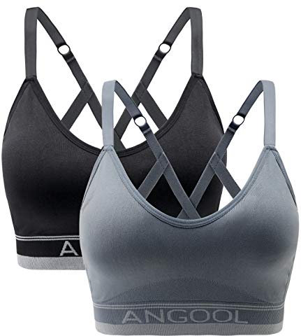 ANGOOL Sport BH Damen Einstellbarer Schultergurt Sport Bustier Damen Gepolstert Starker Halt Nahtlose Joggen Yoga Fitness Bra, 2er Pack, Schwarz + grau, L