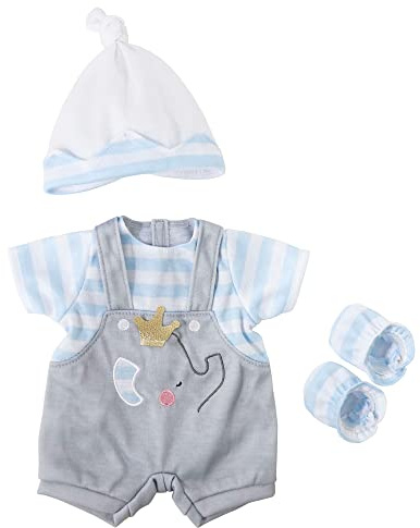JC Toys | Berenguer Boutique | Baby Doll Outfit | Gray Overall Shorts with Blue Stripes | Includes Headband and Booties | Ages 2+ | Fits Dolls 14- 16