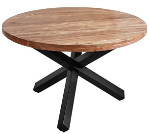 SAM Runder Esszimmertisch 140 cm Runa, Akazienholz massiv, Esstisch naturfarben, Sternfuß aus Metall Mattschwarz, Holztisch mit aufgedoppelter Tischplatte 50mm (25+25mm)