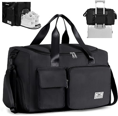 FIORETTO Womens Mens Sports Gym Bag Duffle Bag with Shoes Compartment, Weekend Travel Bag Overnight Bag for Women, Water Resistant Holdall Hospital Bag for Swimming Black