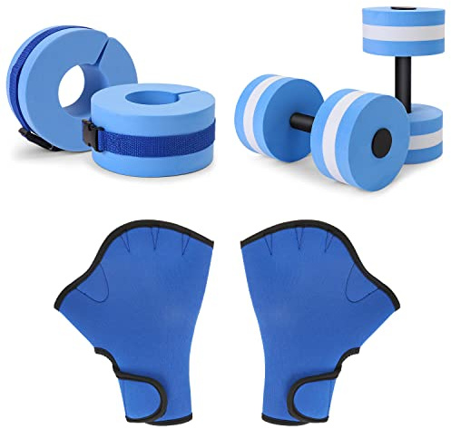 Water Dumbbells Set, 6 Pieces Water Aerobic Exercise Foam Dumbbell Set Pool Resistance, Detachable Aquatic Dumbells, Resistance Gloves, Aquatic Cuffs, Water Workout Fitness Tools for Weight Loss, Blue