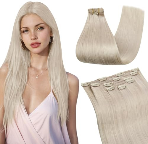 Ugeat Haarverlängerung zum Anstecken, natürlich, weißblond, 30 cm, Extensions, Echthaar, 5 Stück, Clips, Echthaar, für kurze Haare, 50 g, #60A