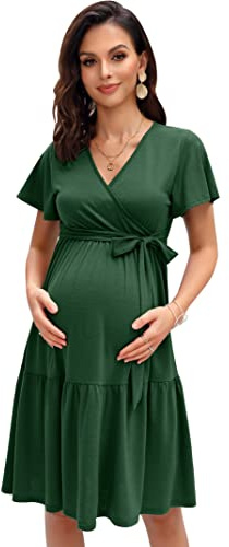 KOJOOIN Robe de maternité pour Femme Robe d'allaitement à col en V Robes de maternité décontractées à Volants Vert foncé (Manches Courtes) XL