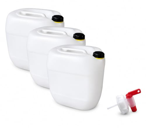 kanister-vertrieb® 3 Stück 30 L Kanister Wasserkanister Kunststoffkanister natur DIN61 + Hahn + Etiketten