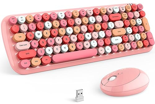 KNOWSQT Combo de teclado y mouse inalámbricos, rosa claro, 100 teclas, 2.4 GHz, teclas redondas, teclados de máquina de escribir, receptor USB, Plug and Play, para Windows, PC, laptop, Mac, escritorio