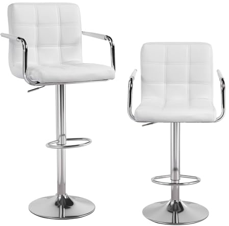 Panana Lot de 2 Tabourets de Bar, Chaises Haut, Hauteur Réglable, Revêtement en PU, Rotatif sur 360°, avec Accoudoirs, Dossier et Repose-Pieds, Pied Chromé (Blanc)
