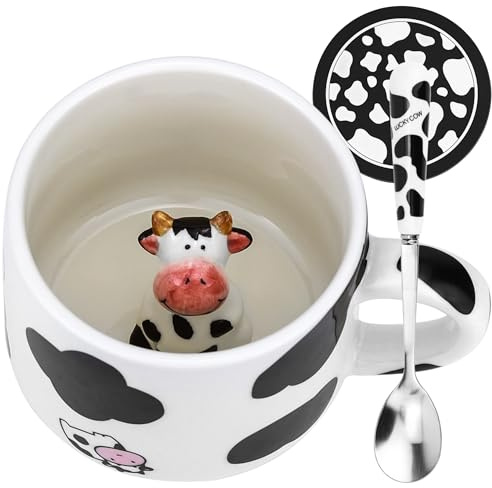 Arawat ko mugg djur gåva 3D rolig kaffekopp 350 ml tekopp med sked och fat keramisk kaffekopp födelsedagspresent för kvinnor mormor moster söt kaffe tekopp