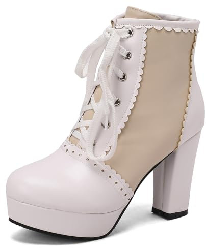 Gicoiz Women Block High Heel Lace Up Floral Ankle Boots Winter Fashion Platform Military Round Toe Elegant Bridal Moto Biker Booties Apricot Size 6.5-41