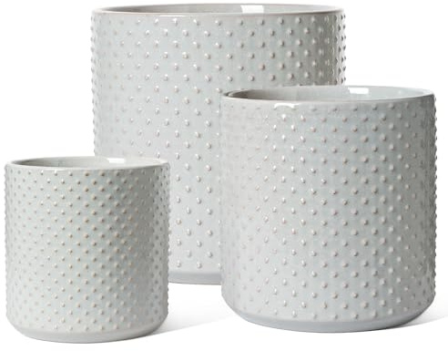 LE TAUCI Ceramic Pots for Plants, 10/8/6 Inch Indoor Planters with Draiange Hole, Silicone Plug & Mesh Pad, Modern Rasied-Dots Pots for Home Office, Set of 3, Glossy, Star Gray