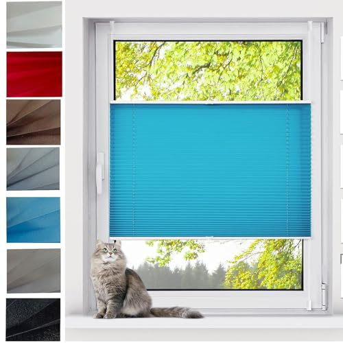 Plissee ohne Bohren Klemmfix, 70 x 120 cm Blickdicht Sichtschutz Sonnenschutz Rollo für Fenster Easyfix Plisseerollo Blickdichtes Falt-Rollo, für Fenster ohne Bohren, Blau