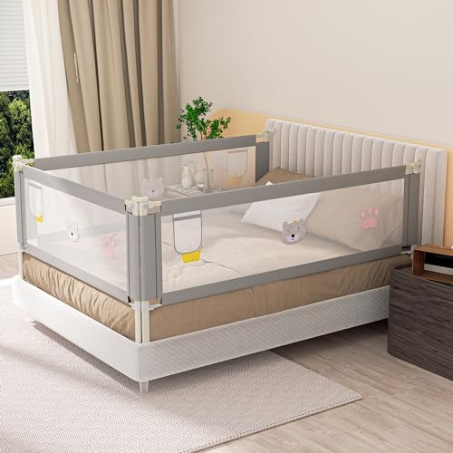 Ikodm Barrera de cama 2 x 180 cm y 1 x 150 cm, barrera de protección para la cama ajustable de 70 – 98 cm, protección contra caídas, barrera para cama infantil, barandilla para cuna de bebé, fácil de