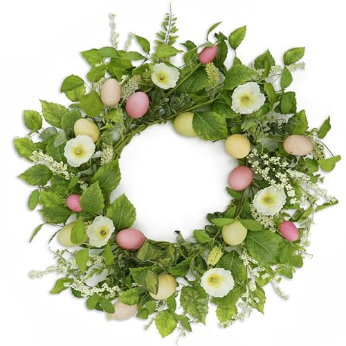 AMF0RESJ Artificial Easter Wreaths for Front Door Spring Summer Wreath with Poppy Flower,Colorful Eggs,Green Leaves for Front Door Indoor Outdoor Farmhouse Home Wall Window Festival Wedding Decor