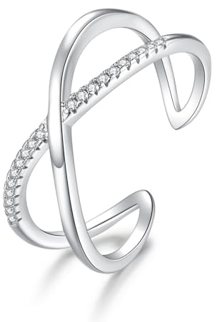 Bewenda Silber Ringe für Damen, 925 Sterling Silber Verlobungsring Eheringe Band Ring, Verstellbar Stapelbare X-Form Ring mit Zirkonia, Weißgold Minimalistischer Daumenring für Liebe Braut Freund