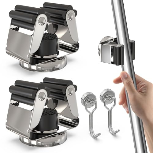 3-H 2X Magnetischer Besenhalter, Gerätehalter Gartengerätehalter (Silber) | Edelstahl Besenhalterung Wand Aufhängung Besen,mit 2 zusätzlichen Minimagnethaken für Küche Badezimmer Garage Garten Zuhause