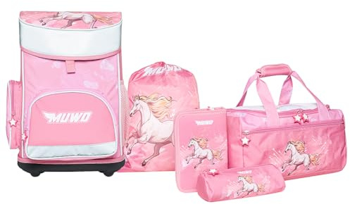 MUWO Kinder Schulranzen Set 5tlg. ergonomischer Leichter Schulrucksack mit Sporttasche, Turnbeutel, Federmappe, nur 920 Gramm (Pferd Design)