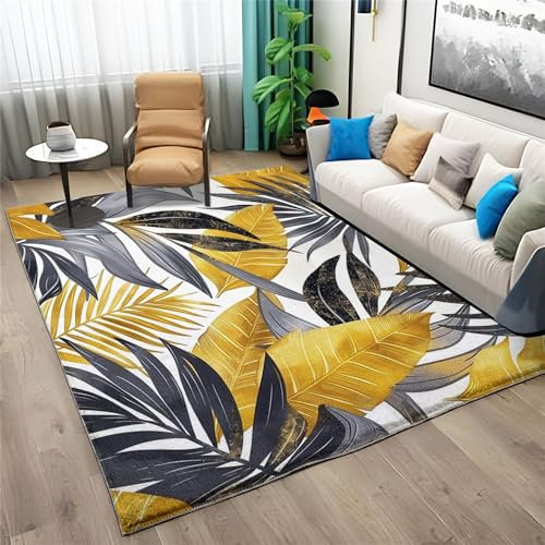 Teppich 160 X 230 cm Super Weich rutschfest Flauschig Waschbar Kurzflor Teppich, Goldenes Blattmuster Fußmatte Für Dekoration Schlafzimmer Kinderzimmer Wohnzimmer, Weiß