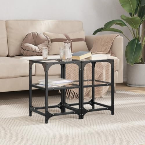 Baziroo Couchtische mit Glasplatte 2 STK. 30x30x45 cm Satztisch Sofatisch Beistelltisch Telefontisch Wohnzimmertisch Kleiner Wartebereich Tisch Holzwerkstoffe und Stahl und Glas Transparentes Glas