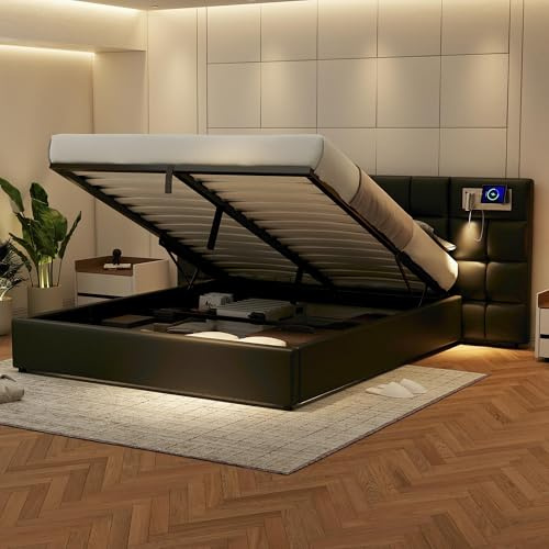 Ymkua Polsterbett Doppelbett 180x200 mit Stauraum, Stauraumbett mit USB-Port Wireless Charging, Hydraulisch Bett mit Beleuchtete Lampe Kopfteil, Jugendbett mit Lattenrost, PU, Schwarz, Ohne Matratze