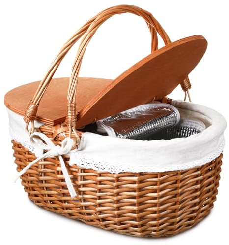 DoubleFill Wicker Insulated Picnic Basket with Lid Wicker Picnic Basket with Folding Handles and Insulated Cooler Bag for Camping Outdoor Easter Valentine Birthday Gift(White)