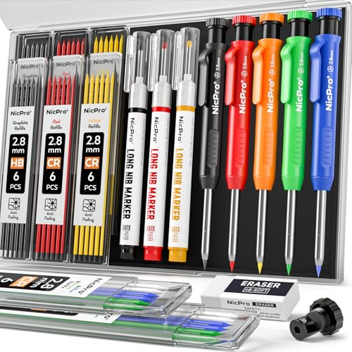 Nicpro 5 Stück Zimmermannsbleistifte mit Spitzer, Druckbleistifte mit 48 Minen, robustes Markierwerkzeug, Tieflochmarker für Architektenmarkierungen (Rot, Schwarz, Gelb, Blau, Orange) | Bau-Druckbleistift + 53 Nachfüllungen, 3 Stück lange Spitze, Marker zum Markieren, robuste Tischlerwerkzeuge, Komfortgriff