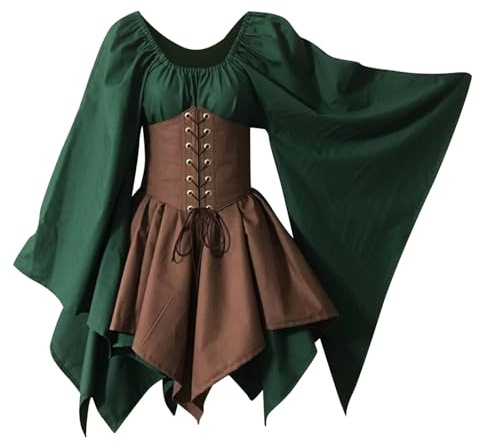 Cexiakong Vestido medieval con mangas de trompeta para mujer, vestido tradicional irlandés, renacentista, gótico, retro, vestido de fiesta victoriano, para Halloween, carnaval, café, S