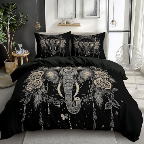 Bettwäsche Set Abstrakt Traumfänger Tiere Schwarz,Weiches Atmungsaktives Bettwäsche-Set 3-Teilig Mit Reißverschluss, Bedruckter Wendebettbezug Für Schlafzimmerdekoration 220 cm X 240 cm