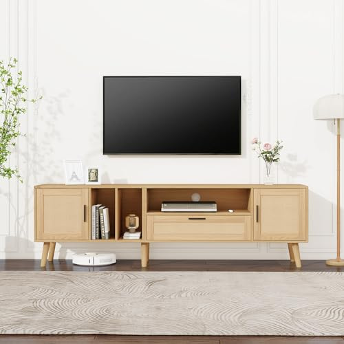 Merax TV Ständer, Rattan Kommode für 80-Zoll-Fernseher, TV Schrank mit 2 Türen und 1 Schublade, Rustikaler Sideboard Fernsehschrank, Oak, 180X40X50 cm