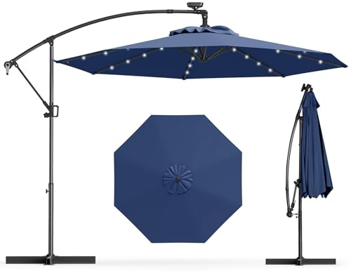 GOPLUS Sombrilla Jardín 300 cm, Sombrilla Terraza Exterior con 8 Costillas, 32 Luces LED Solares, Manivela para Rotación 360°, Inclinable, Protección UV (Azul Profundo, 3 M sin Base)