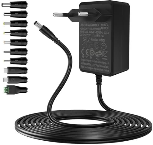 Netzteil 15V 1A Netzteil | AC Adapter 200-240V 50-60HZ | DC15V 15W 500mA 1000mA 2 Meter langes Kabel | 5,5 * 2.1mm mit 10 Steckernetzteil | Transformator AC-DC Adapter (DC15V~1A)