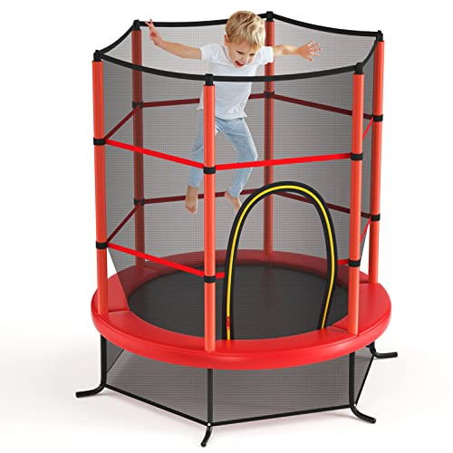 GYMAX Gartentrampolin Ø165 cm, Kindertrampolin mit Sicherheitsnetz & Randabdeckung, Fitnesstrampolin, Trampolin für Kinder ab 3 Jahren (Rot)