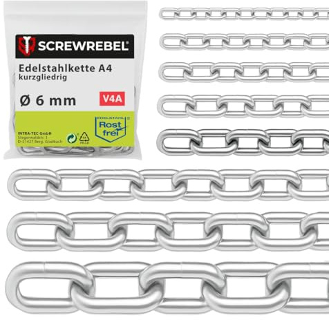 SCREW REBEL 6,0 mm starke Edelstahlkette A4 rostfrei, Schaukelkette 5 m lang, kalibriert, Absperrkette kurzgliedrig DIN 766, Gliederkette, Bootskette V4A mit 5 Meter Länge