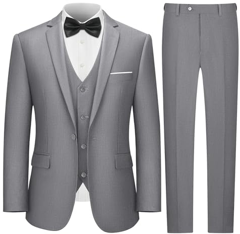 LUPURTY 3 Piece Suits for Men,Men's Suit Slim Fit,Business Solid One Button Single Breasted Tuxedo Blazer Vest Pants Set,Grey M