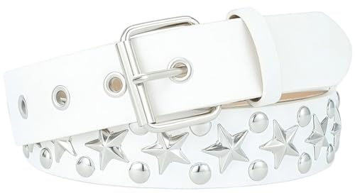 CALFOVERA Ceinture Gothique en Cuir Synthétique avec Rivets en Étoile et Clous Métalliques Style Punk Rock avec Boucle Argentée Réglable de 113 x 3.6cm pour Halloween Jeans Cosplay (Blanc)