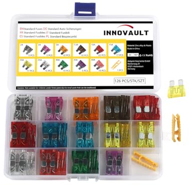 INNOVAULT 126 Stück Kfz Sicherungen, Auto Sicherungen Set Standard, Kfz Flachsicherungen Set für PKW, LKW, Wohnmobil, Motorrad, gemischte Ersatzsicherungen+1 Sicherungszieher, 2A / 5A - 40A