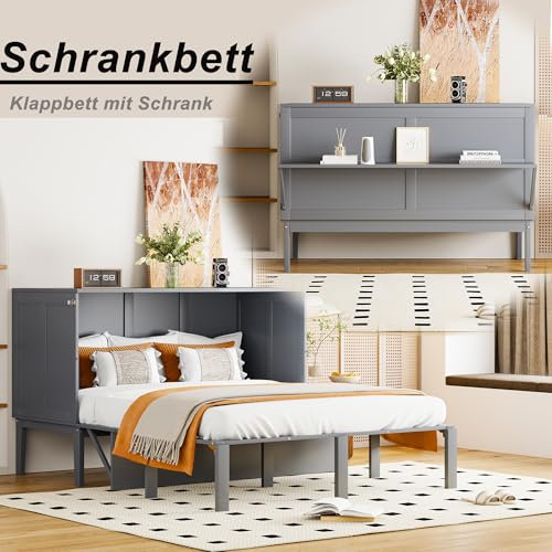 Pangshiyuan Schrankbett 140x200 cm, Wandbett mit Lattenrost, Vertikales Wandklappbett, Multifunktionales Bett, Jugendbett, Platzsparend, Grau, 205x146x71 cm