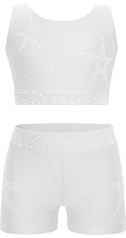 Xnihocha gymnastikdräkt flicka tvådelad glänsande danskläder barn ärmlös linne topp och korta shorts festival disco outfit, Vit, 122-128