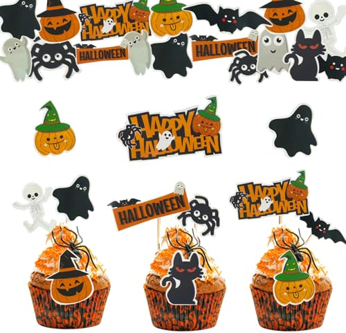 Halloween Tortendeko,110 Stück Kürbis Kuchen Deko, Halloween Cupcake Toppers,Muffin Deko Motto Partyzubehör Happy Birthday Tortendeko