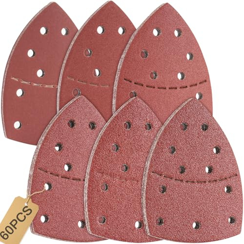 60PCS Mouse Sanding Pads 105x152 mm (93x93x93 mm), Mouse Sander Pads 40/60/80/120/240/400Grits x10Piece, Multi Tool Sanding Pads, 11 Holes Triangle Sandpaper for Black and Decker Mouse Sander Pads