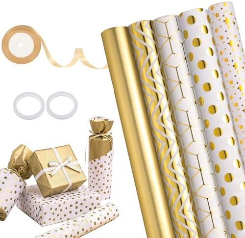 5 Rollen Geschenkpapier Hochzeit, 43 cm x 300 cm Geschenkpapier, Weiß Gold Geschenk Paper Rolle mit Gold Bänder und Klebeband, 5 Stile Wrapping Paper für Geburtstag Hochzeit Taufe Valentinstag