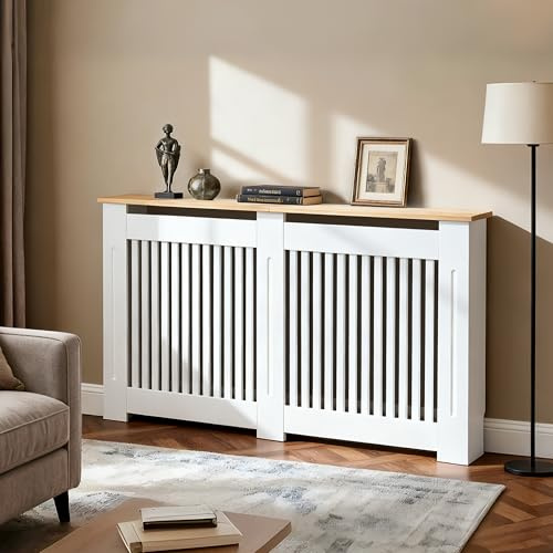 FATIVO Cache Radiateur en Bois Blanc Couverture Moderne avec Lattes et Étagère Supérieure Armoire Design pour Salon Chambre Bureau - 145x18x90.5cm